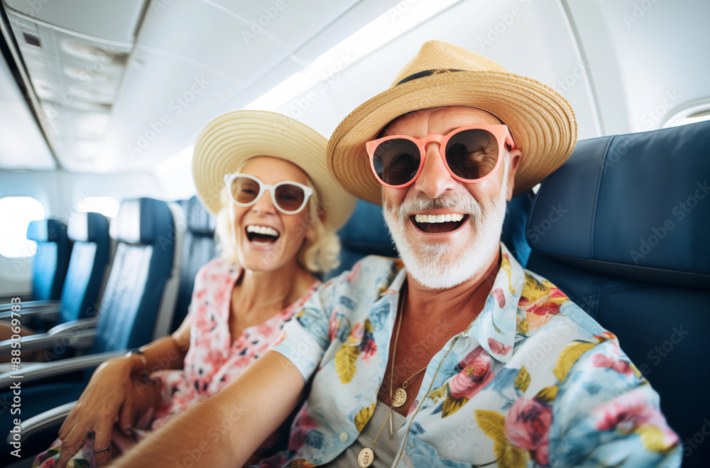 Obraz premium An elderly couple enjoying a fun airplane ride, dressed in colorful attire and wearing sunglasses. Their happy expressions and playful mood make the scene lively and memorable