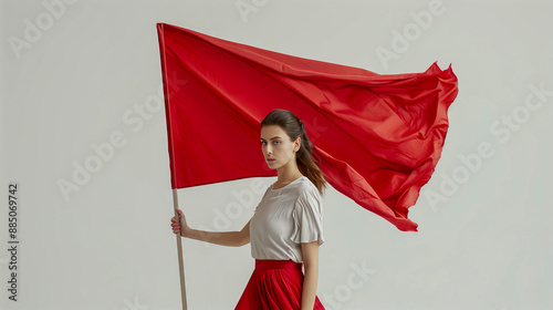 A woman holds a red flag in her hand against a white background.