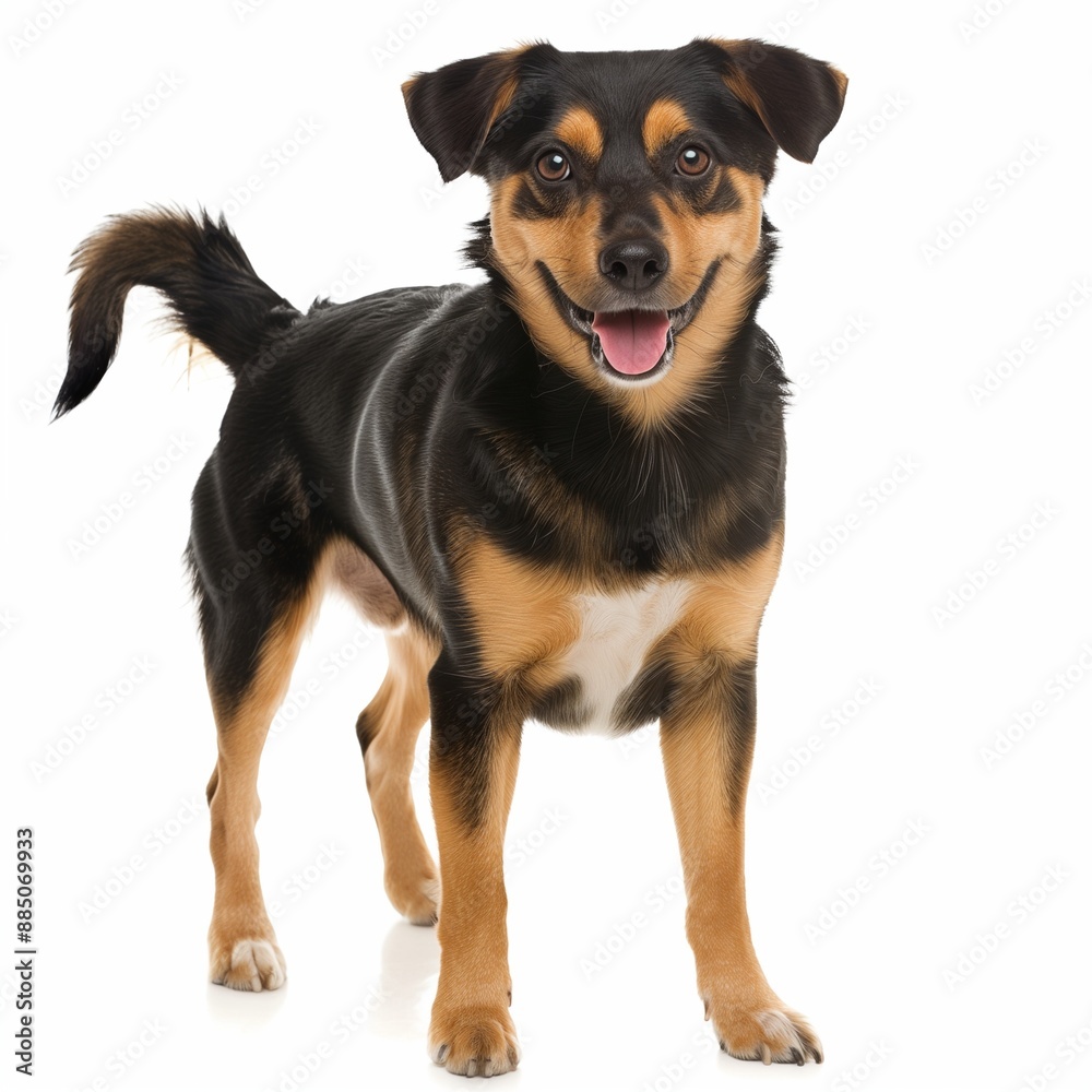 Happy Dog Standing Against White Background, Smiling Pet Portrait Photograph for Animal Training and Pet Care Advertisements Happy Dog Standing Against White Background, Smiling Pet Portrait Photograph for Animal Training and Pet Care Advertisements