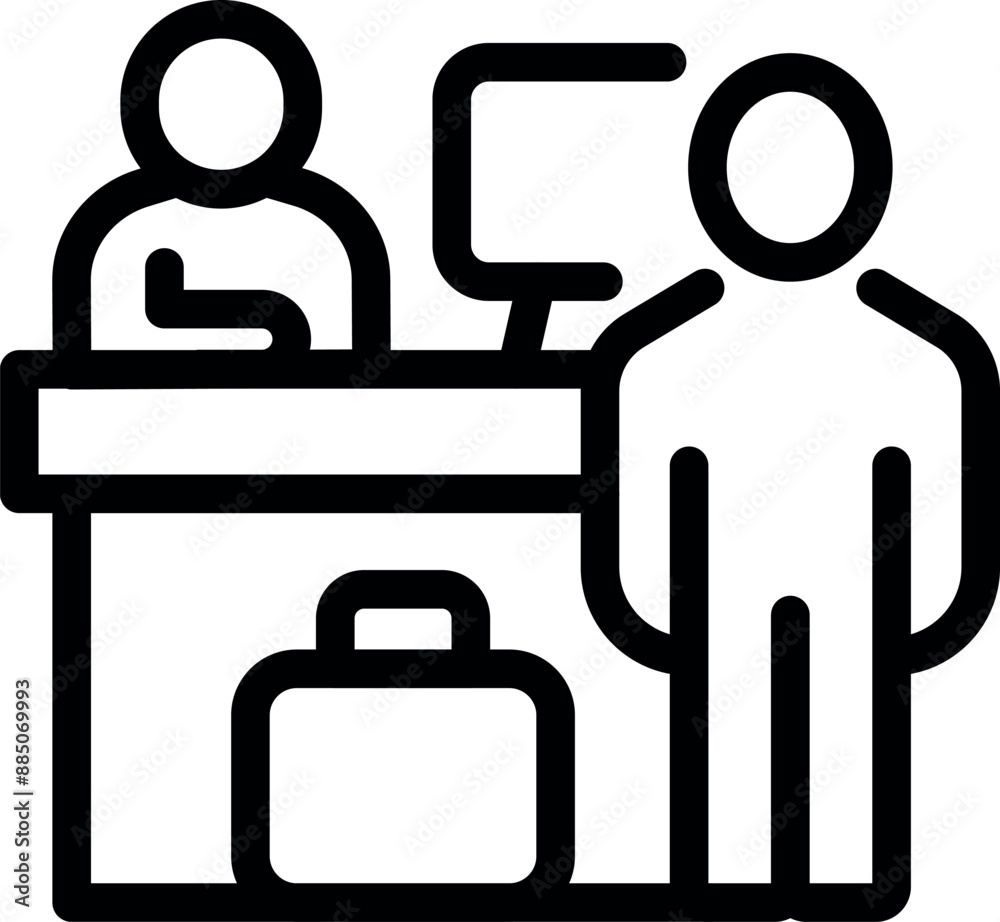 Line drawing of a businessman waiting at an airport check in counter with his suitcase