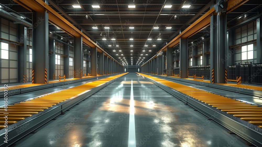Modern Conveyor System in Warehouse. Modern conveyor system inside a warehouse, featuring yellow tracks and industrial design, representing advanced material handling.
