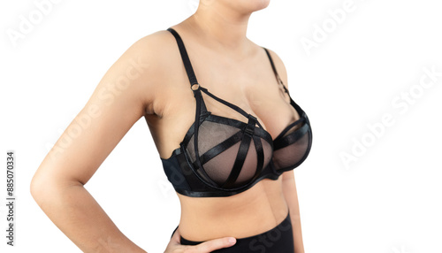 Woman with beautiful breasts, black bra isolated on white background, closeup.