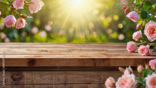 Spring background with empty wooden table. Natural template for product display with rose blossoms bokeh and sunlight. generative ai. © Arifa