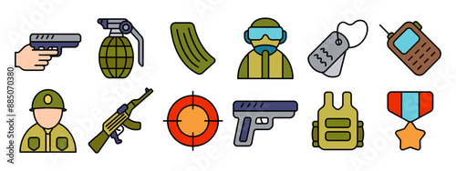 Military set icon. Soldier, handgun, grenade, magazine, sniper, dog tags, radio, helmet, assault rifle, target, bulletproof vest, medal.