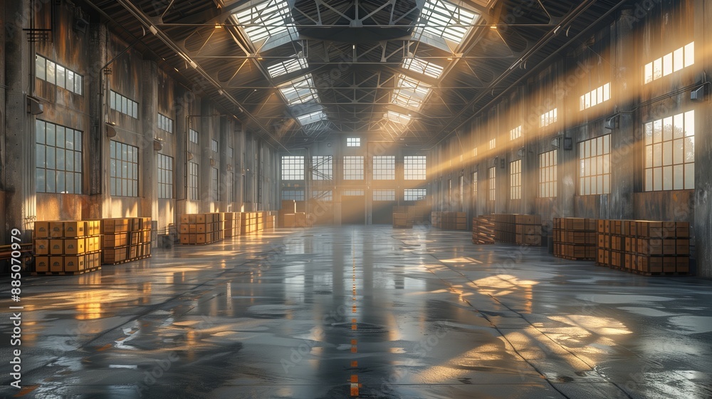 Warehouse Interior with Sunlight Streaming In. Empty warehouse interior with sunlight streaming in, showcasing logistics space and industrial storage solutions. Warehouse Interior with Sunlight Streaming In. Empty warehouse interior with sunlight streaming in, showcasing logistics space and industrial storage solutions.