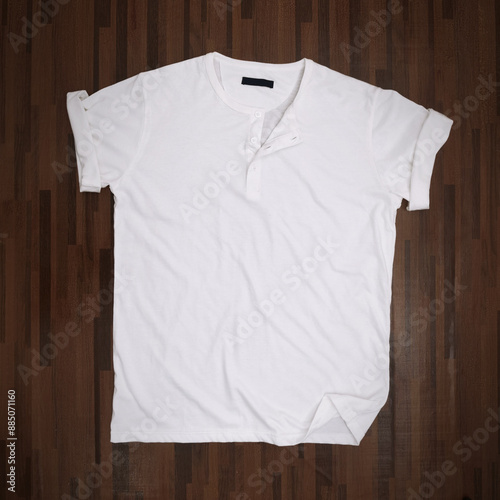 Obraz na płótnie Wrinkled white henley shirt, front design mock up template, flat lay