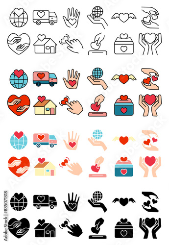 Charity set icon. Heart, donation, hand, globe, house, delivery, click, giving, charity, support, help, volunteer, love, aid, generosity, nonprofit, fundraising, global, charitable giving donation box