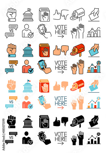 Election set icon. Candidate, vote, calendar, campaign, speech, poll, ballot box, ID card, voter, election, graph, chart, debate, political rally, voter registration, candidate speech, turnout