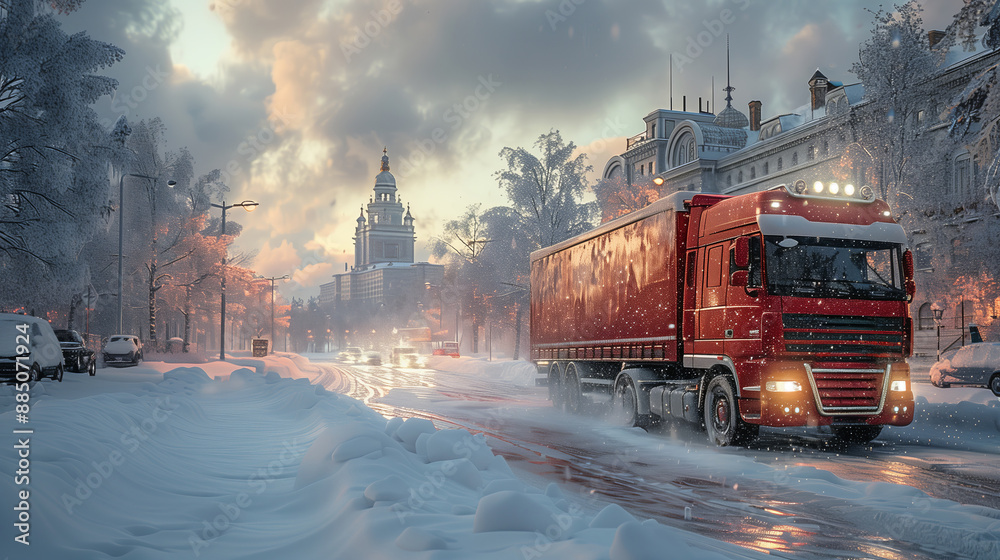 Red Truck Driving Through Snowy City Street. Red truck drives through a snowy city street, showcasing the challenges and resilience of logistics operations in winter conditions. Red Truck Driving Through Snowy City Street. Red truck drives through a snowy city street, showcasing the challenges and resilience of logistics operations in winter conditions.