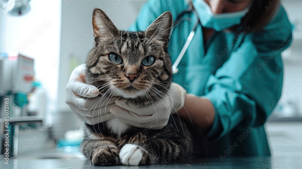 Veterinarian examining a cat in a bright clinic Veterinarian examining a cat in a bright clinic