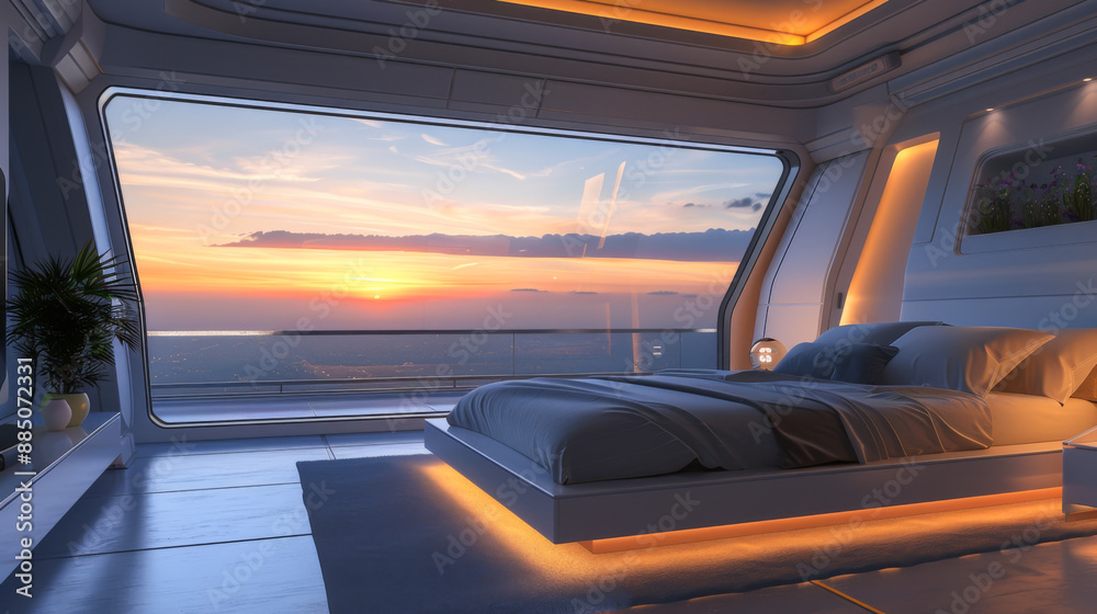 Modern room with bed and a big bed with large ceiling high windows that look into heaven in the evening Modern room with bed and a big bed with large ceiling high windows that look into heaven in the evening