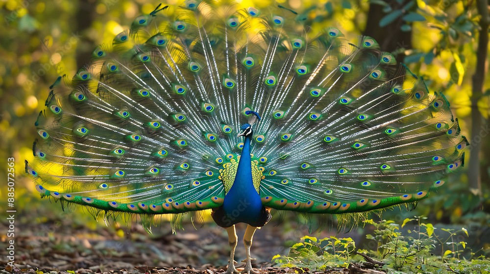 Obraz premium Beautiful blue and green wild peacock or peafowl animal portrait photography in forest woods nature outdoors