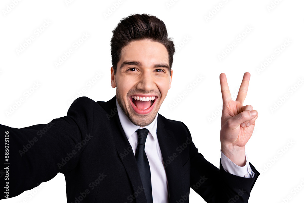 Close up photo amazing funky he him his model macho handsome make take selfies show v-sign say hi colleagues coworkers wear white shirt black suit jacket tie formalwear isolated grey background Close up photo amazing funky he him his model macho handsome make take selfies show v-sign say hi colleagues coworkers wear white shirt black suit jacket tie formalwear isolated grey background