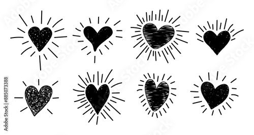 Set of textured drawn heart shape with beam. Sunburst doodle love elements. Illustration for grunge frame