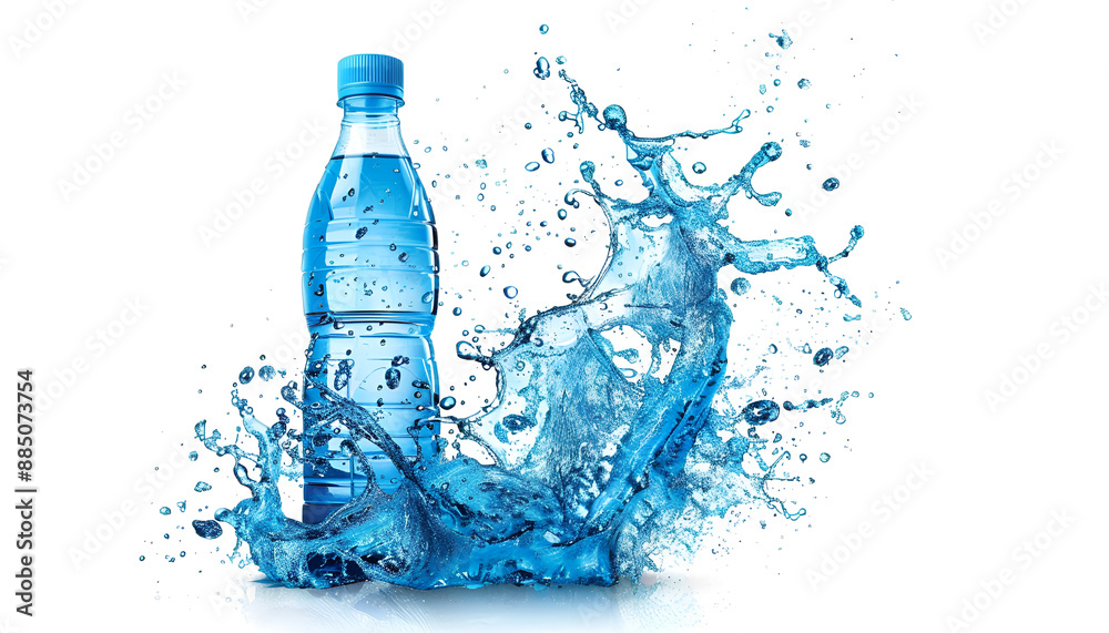 Small plastic water bottle with blue water splash isolated on white background. Small plastic water bottle with blue water splash isolated on white background.