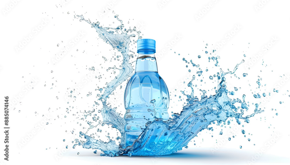 Small plastic water bottle with blue water splash isolated on white background. Small plastic water bottle with blue water splash isolated on white background.