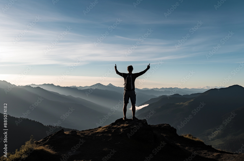 Lone Hiker Reaching the Mountain Summit at Sunrise with a Stunning View of the Valley Below Lone Hiker Reaching the Mountain Summit at Sunrise with a Stunning View of the Valley Below