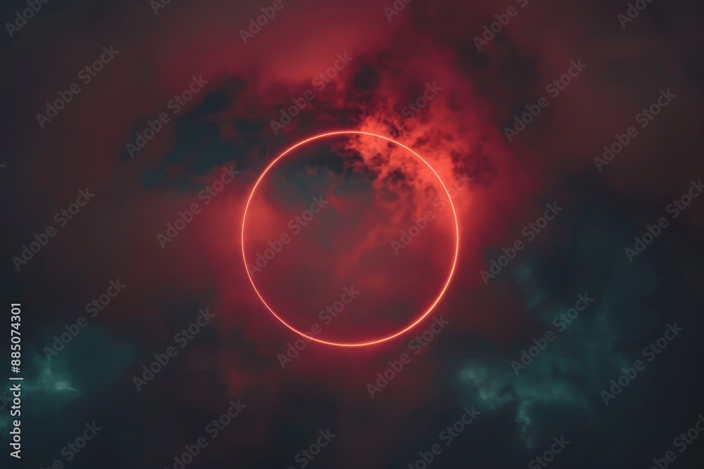 Obraz premium an abstract neon-lit cloud surrounded by a neon light ring in the dark night sky, forming a glowing geometric shape with a round frame. Beautiful simple AI generated image in 4K, unique.