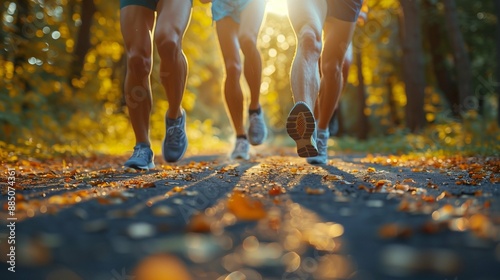 Group of people running in the park in autumn, 
only the runners' legs are visible in the photo