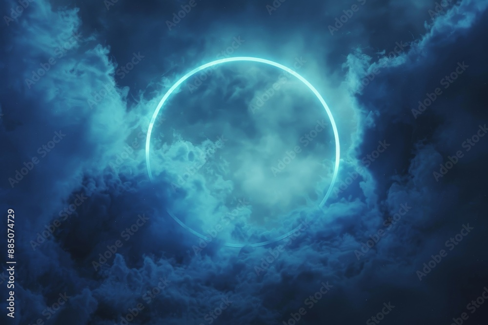 Neon-lit abstract cloud in the dark night sky, surrounded by a glowing geometric ring.. Beautiful simple AI generated image in 4K, unique. Neon-lit abstract cloud in the dark night sky, surrounded by a glowing geometric ring.. Beautiful simple AI generated image in 4K, unique.