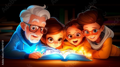 Сhildren with mother and grandfather reading a fairy tale, the book glows, cartoon drawing