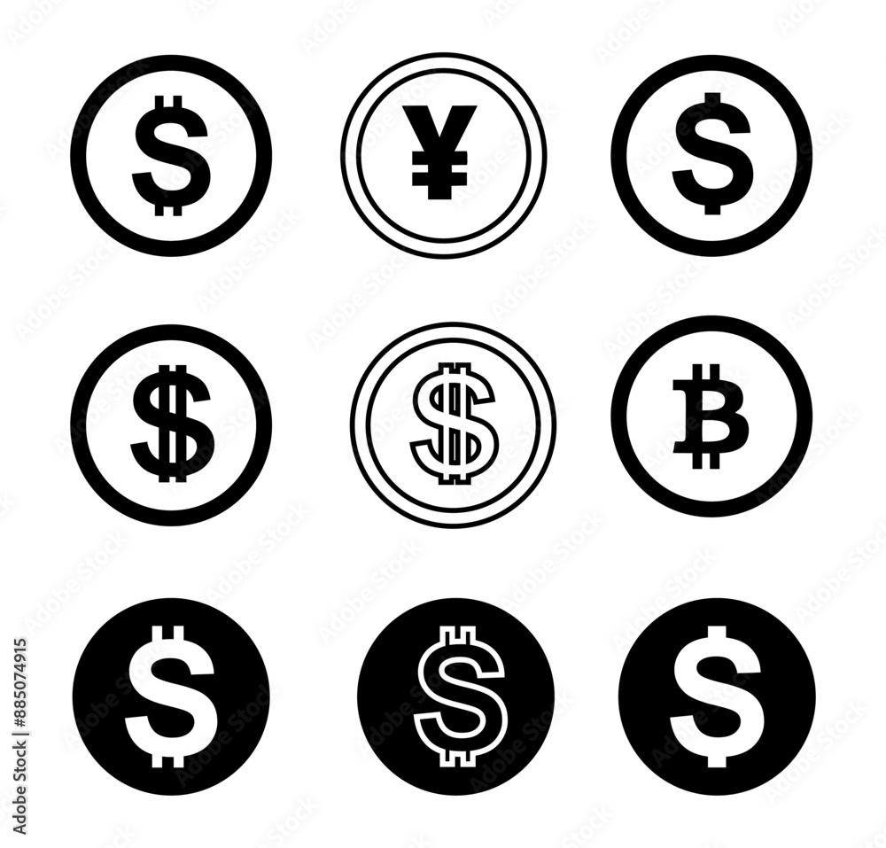 Money and currency exchange icon set illustration. dollar,,yen and more Money and currency exchange icon set illustration. dollar,,yen and more
