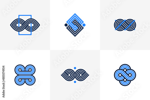 Abstract geometric linear symbols vector set, graphic design elements for logo creation, intertwined lines vintage style icons collection.