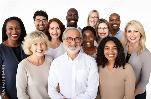 Diverse group of smiling people posing for a photo, showcasing a mix of ages and ethnicities