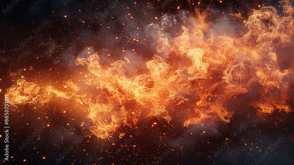 Abstract Fiery Explosion in Space with Glowing Particles and Smoke on a Dark Background Abstract Fiery Explosion in Space with Glowing Particles and Smoke on a Dark Background