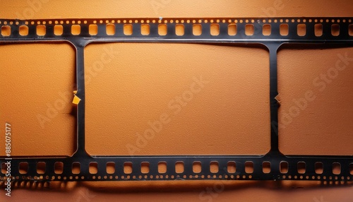 Old film strips, film reels, old film stript on an orange background, film reels background, photo