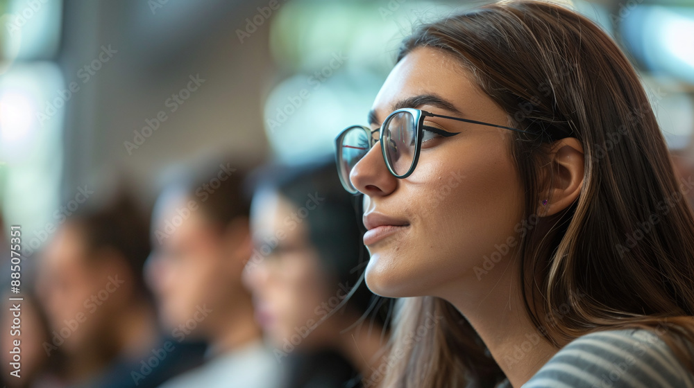 Young female student in glasses sitting in university auditorium at lecture with classmates Young female student in glasses sitting in university auditorium at lecture with classmates