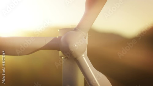 Fly short Closeup of Front Wind turbines energy during a beautiful sunset producing clean sustainable energy, green energy revolution.. 3D animation.