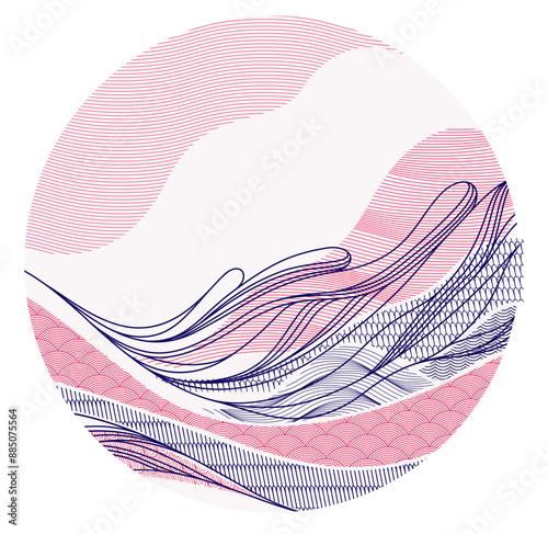 Nature art oriental Japanese style vector abstract background in a shape of circle, runny like water shapes and lines with textures.