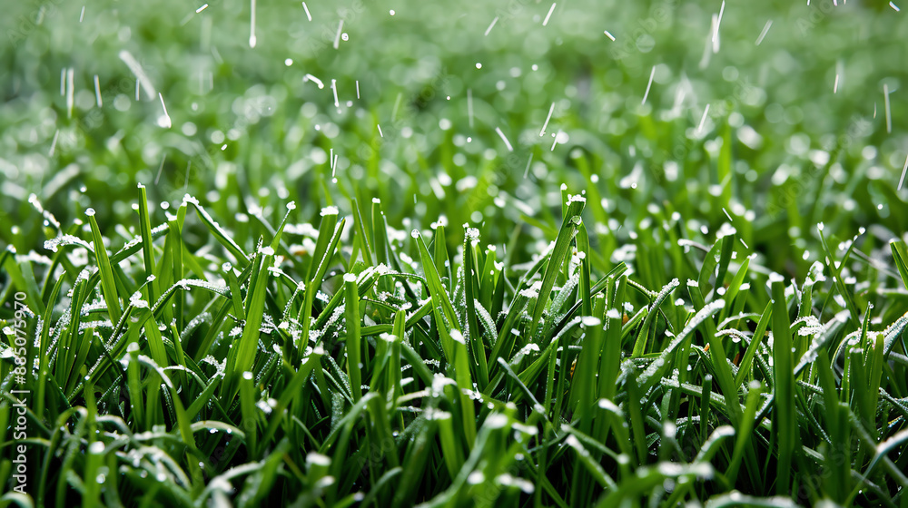 Fresh green May grass covered with a layer of snow due to abnormal weather at the summer Fresh green May grass covered with a layer of snow due to abnormal weather at the summer