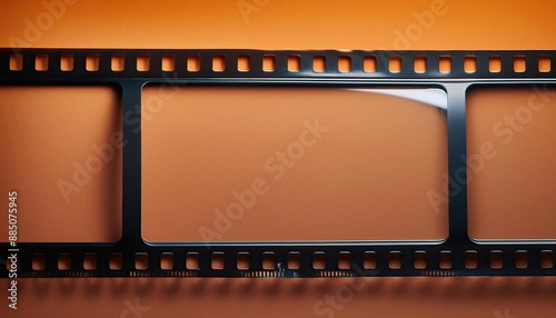 Old film strips, film reels, old film stript on an orange background, film reels background, photo