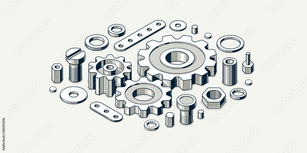 Industry and manufacturing concept, gears and cogs composition isometric 3D vector illustration, cogwheels system technology and technics machinery engine. Industry and manufacturing concept, gears and cogs composition isometric 3D vector illustration, cogwheels system technology and technics machinery engine.