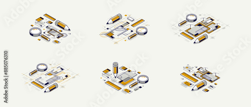 Engineering project concept set, paper document blueprint engineer work vector 3D isometric illustration, abstract draft drawing, cad technical plan.