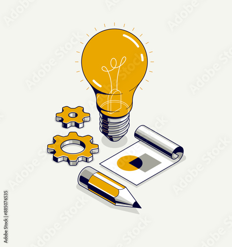 Innovation, invention and solution concept, light bulb with gear vector 3D isometric illustration or icon, technology and technics, mechanical engineering.