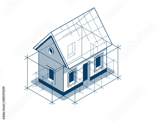Cottage house for rest project concept, 3D isometric vector illustration of a small house building project, countryside small house cabin in village or nature.