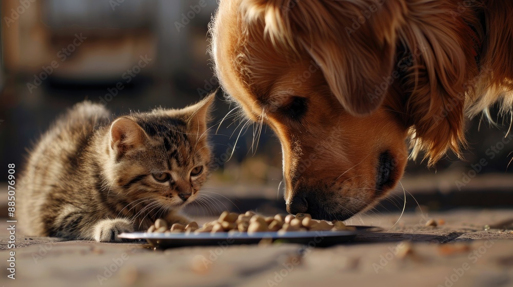 A dog and cat eating side by side, illustrating the peaceful and heartwarming bond between them. A dog and cat eating side by side, illustrating the peaceful and heartwarming bond between them.