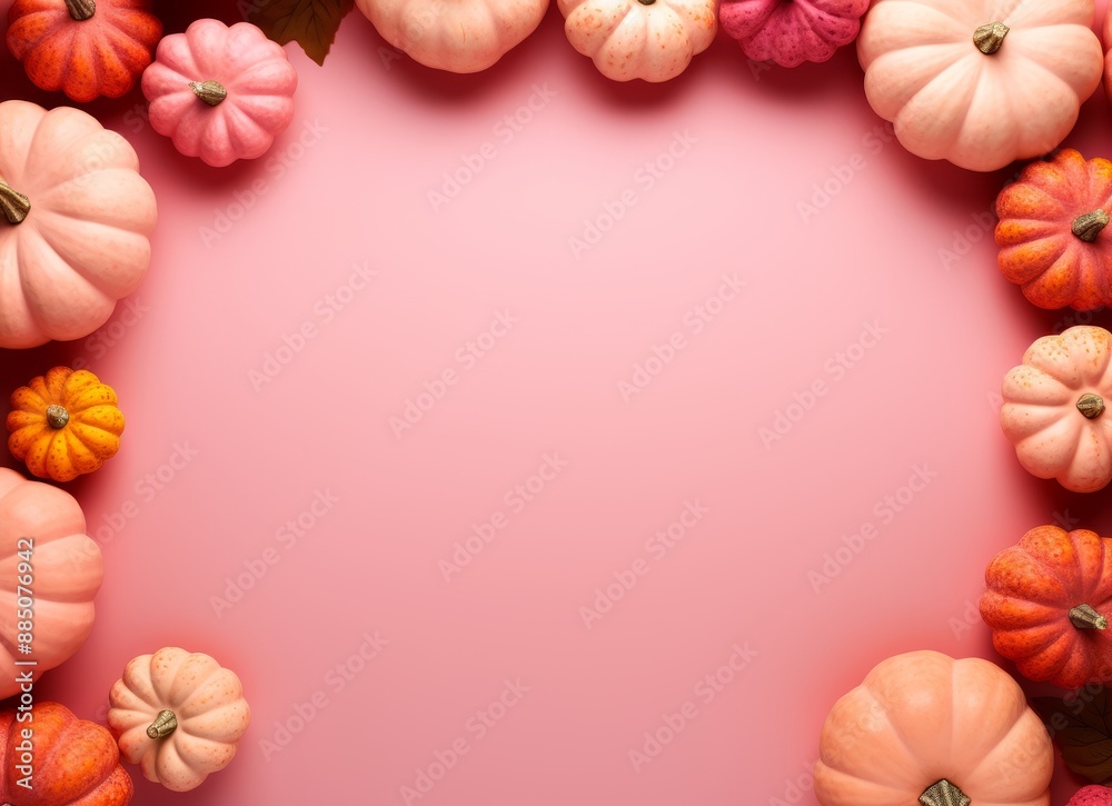 A collection of pumpkins on a pink background. A collection of pumpkins on a pink background.
