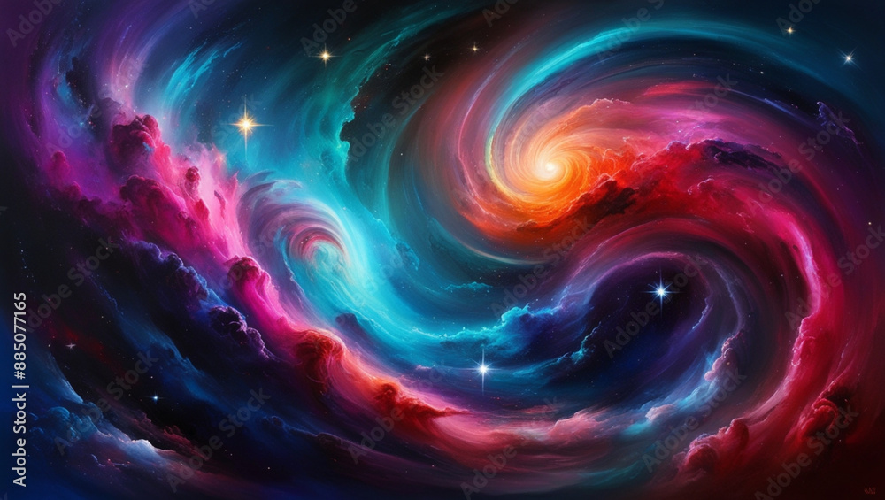 Abstract cosmic swirls of vivid colors, resembling an interstellar nebula, swirling gases and bright stars scattered throughout, evoking a sense of vastness and mystery, Artwork, digital painting Abstract cosmic swirls of vivid colors, resembling an interstellar nebula, swirling gases and bright stars scattered throughout, evoking a sense of vastness and mystery, Artwork, digital painting