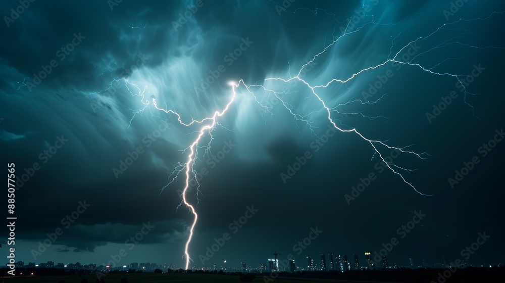 Dramatic night lightning storm over a cityscape, dark storm clouds, bright lightning strikes illuminating the sky, high-resolution photo, no people, focus cover all object Dramatic night lightning storm over a cityscape, dark storm clouds, bright lightning strikes illuminating the sky, high-resolution photo, no people, focus cover all object
