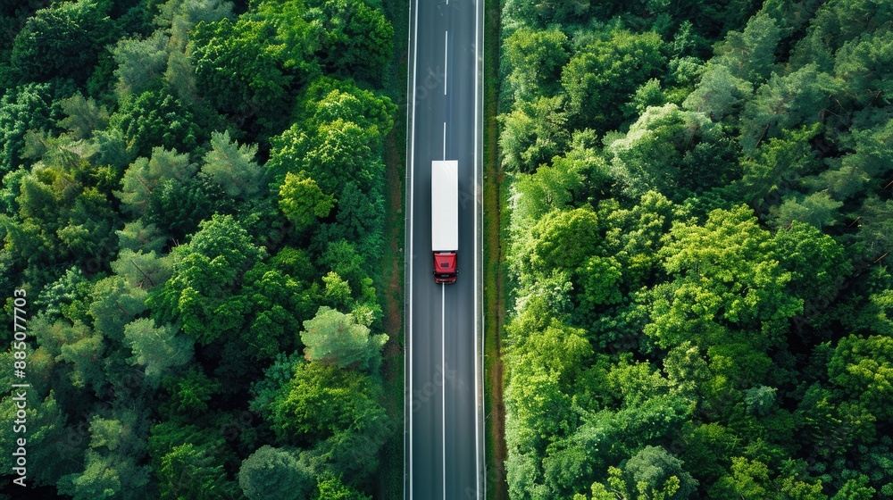 Car and truck seen from above driving through a green forest on a highway, illustrating sustainable mobility. Car and truck seen from above driving through a green forest on a highway, illustrating sustainable mobility.