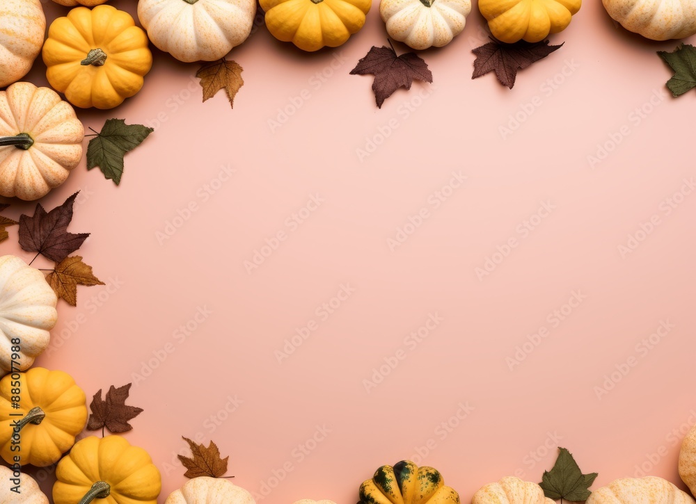 A collection of pumpkins on a pink background. A collection of pumpkins on a pink background.