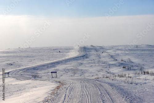 Difficult winter roads in the Arctic tundra. There is no way here in summer. Komi Republic oil and gas region, former Soviet Gulag