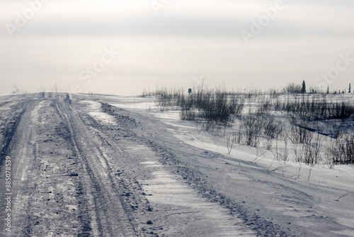 Difficult winter roads in the Arctic tundra. There is no way here in summer. Komi Republic oil and gas region, former Soviet Gulag photo