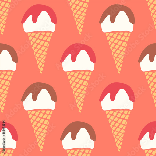 Vector ice-cream waffle cones seamless pattern on bright red background. Cute flavored vanilla gelato with glaze repeat design. Hand drawn fun retro yummy summer dessert, flat modern style