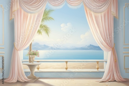 Painting of open curtain border with view architecture tranquility relaxation.