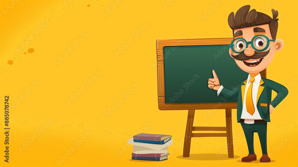 A cartoon teacher with glasses and a mustache standing in front of a blackboard. A cartoon teacher with glasses and a mustache standing in front of a blackboard.
